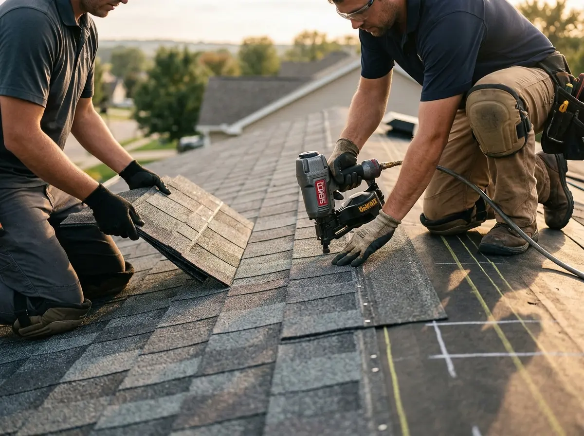 Professional roofer working on a residential roof in West Des Moines